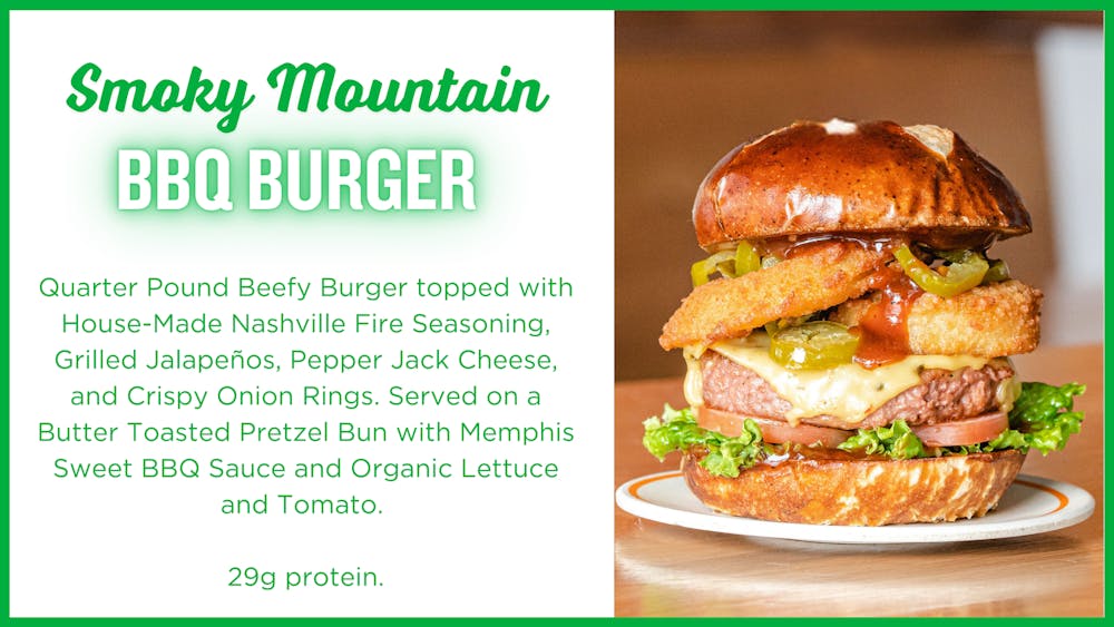Quarter Pound Beefy Burger topped with House-Made Nashville Fire Seasoning, Grilled Jalapeños, Pepper Jack Cheese, and Crispy Onion Rings. Served on a Butter Toasted Pretzel Bun with Memphis Sweet BBQ Sauce and Organic Lettuce and Tomato. 29g protein.