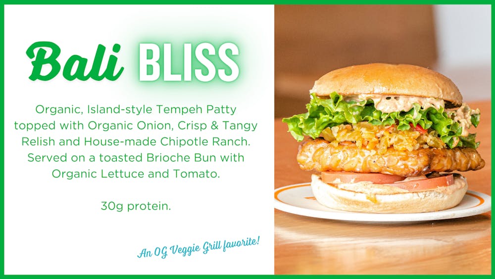 Organic, Island-style Tempeh Patty topped with Organic Onion, Crisp & Tangy Relish and House-made Chipotle Ranch. Served on a toasted Brioche Bun with Organic Lettuce and Tomato.  30g protein.