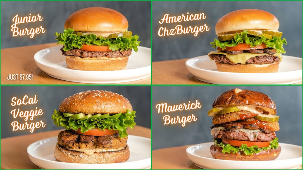 Four New Burgers: Junior Burger (just $7.95!), American ChzBurger, SoCal Veggie Burger, Maverick Burger