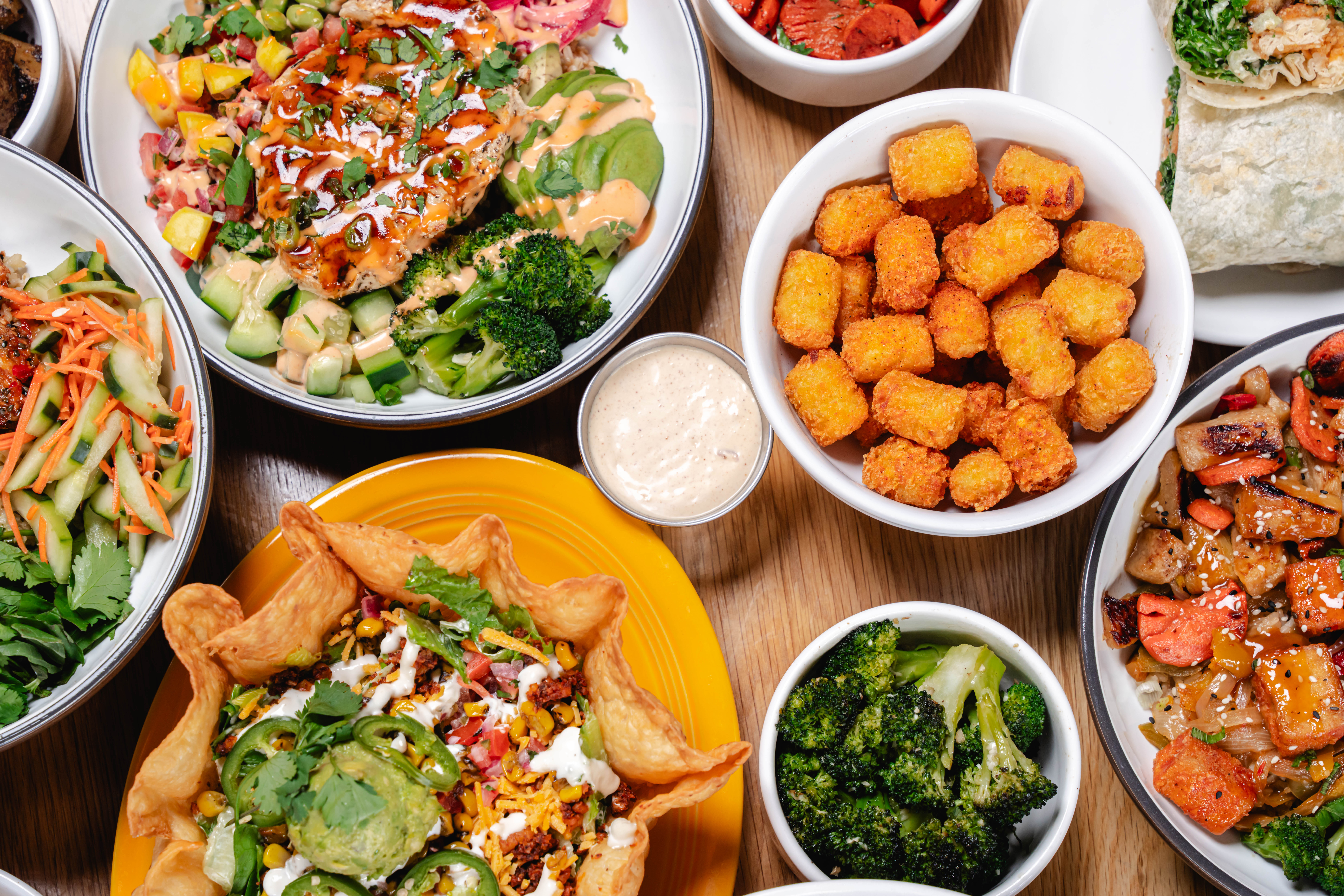 a table with plates of food