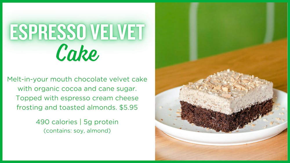 Melt-in-your mouth chocolate velvet cake with organic cocoa and cane sugar. Topped with espresso cream cheese frosting and toasted almonds. $5.95  490 calories | 5g protein  (contains: soy, almond)