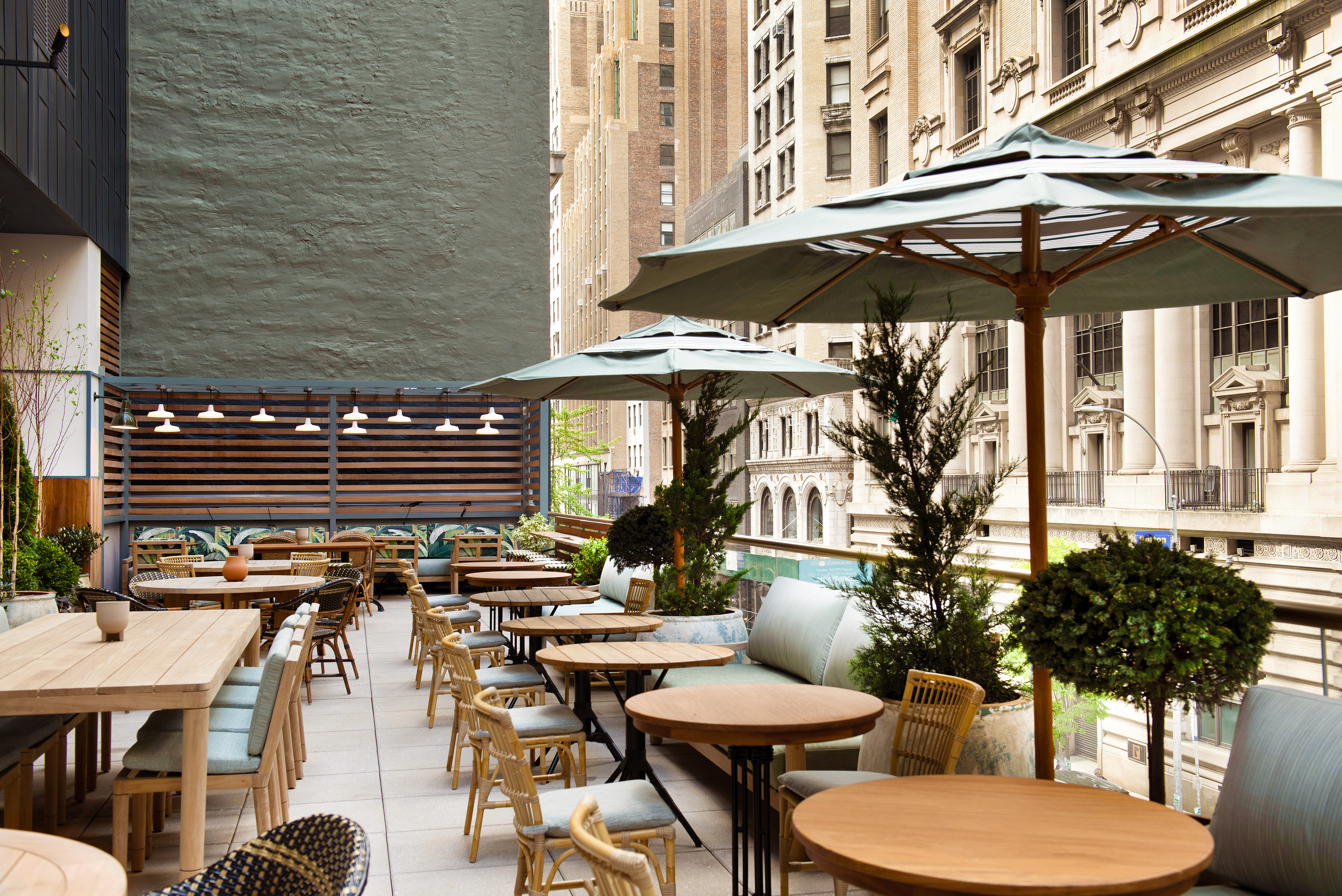 a dining room table in front of a building