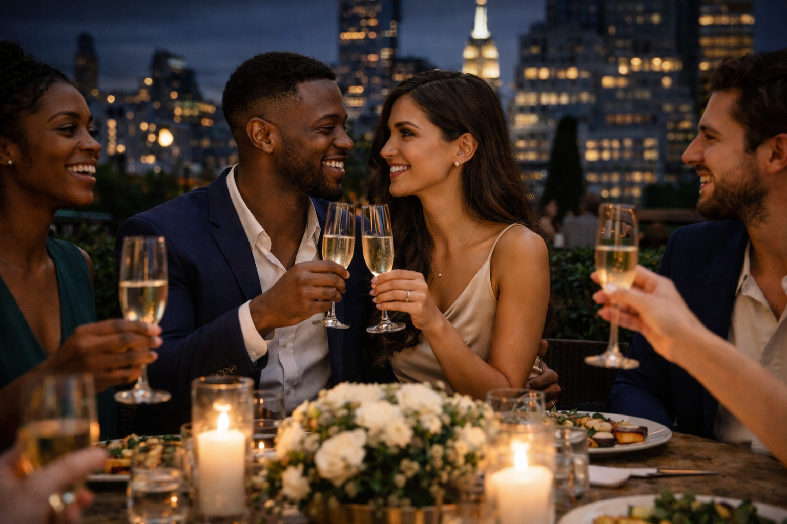 a man and woman holding champagne glasses at a table with candles and city skyline