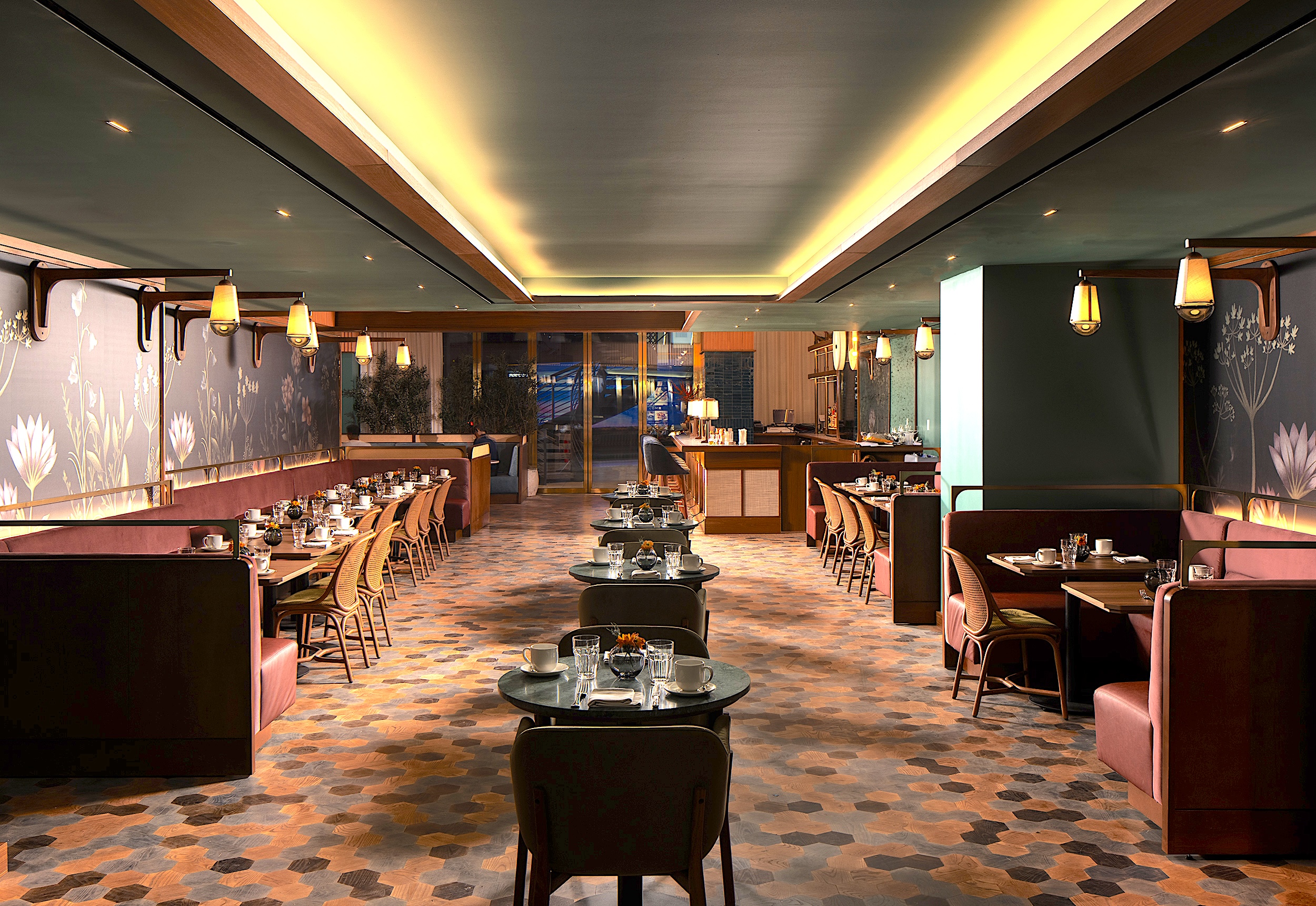 a restaurant with tables and chairs