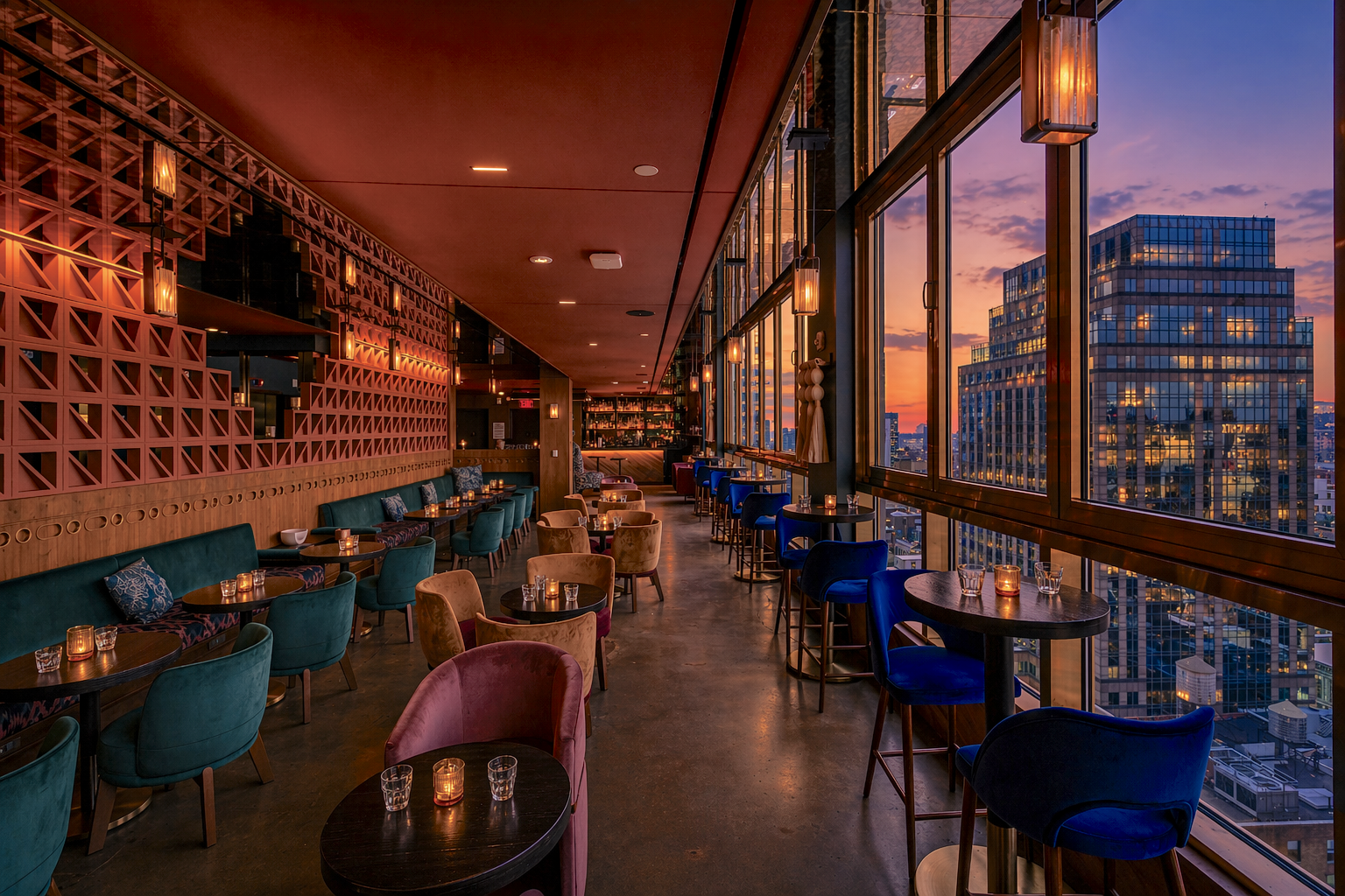 a room with tables and chairs and a view of a city