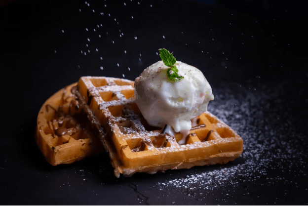 waffles with vanilla ice cream topped with mint