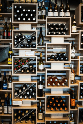 wine stacked on shelves