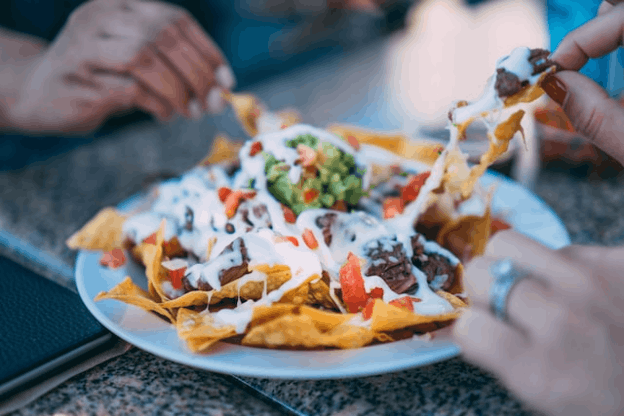 Closeup of a plate of nachos