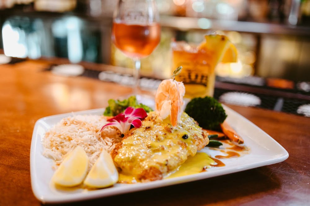 Closeup of a chicken entrée dish at a local restaurant in Carmel, CA