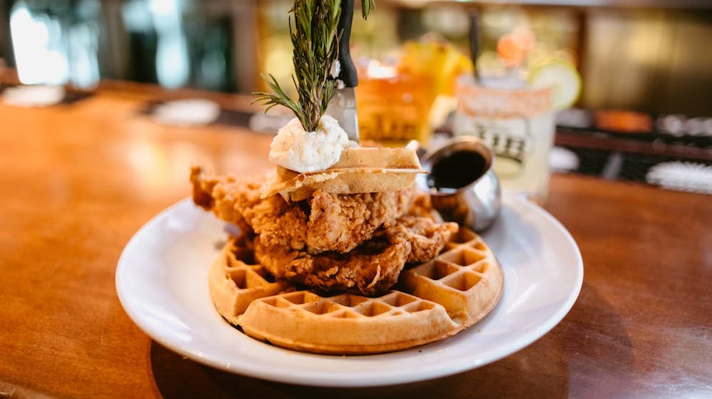 Closeup of a delicious fried chicken and waffle dish