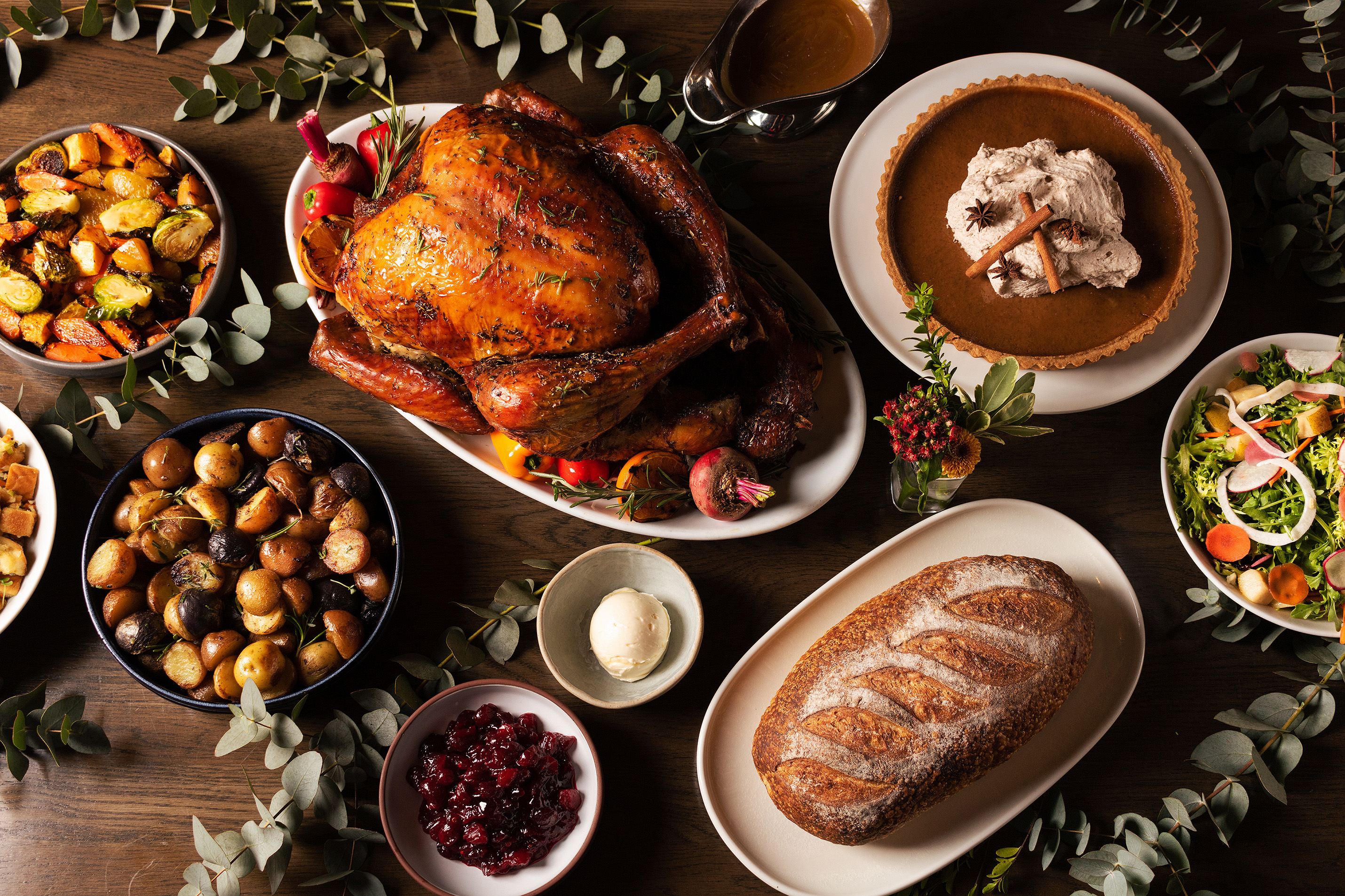 A Thanksgiving turkey dinner spread at Hawthorn Dining Room