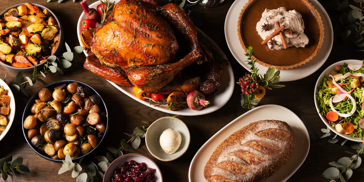 A Thanksgiving turkey dinner spread at Hawthorn Dining Room