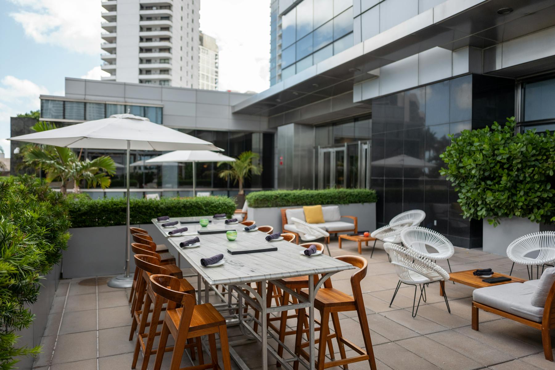 a dining room table in front of a building