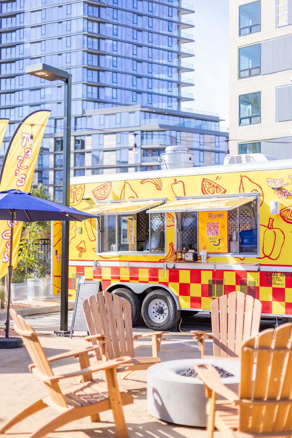 a chair sitting in front of a building