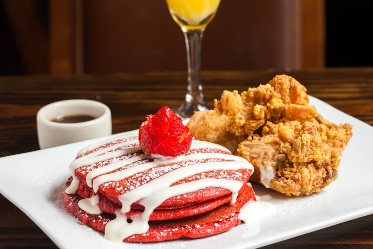 red velvet pancakes and chicken and waffles