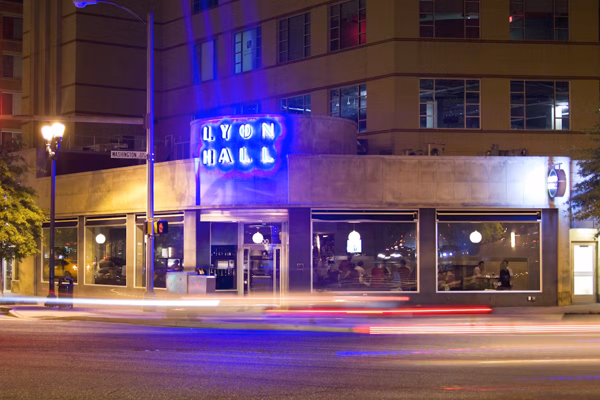 a store front at night