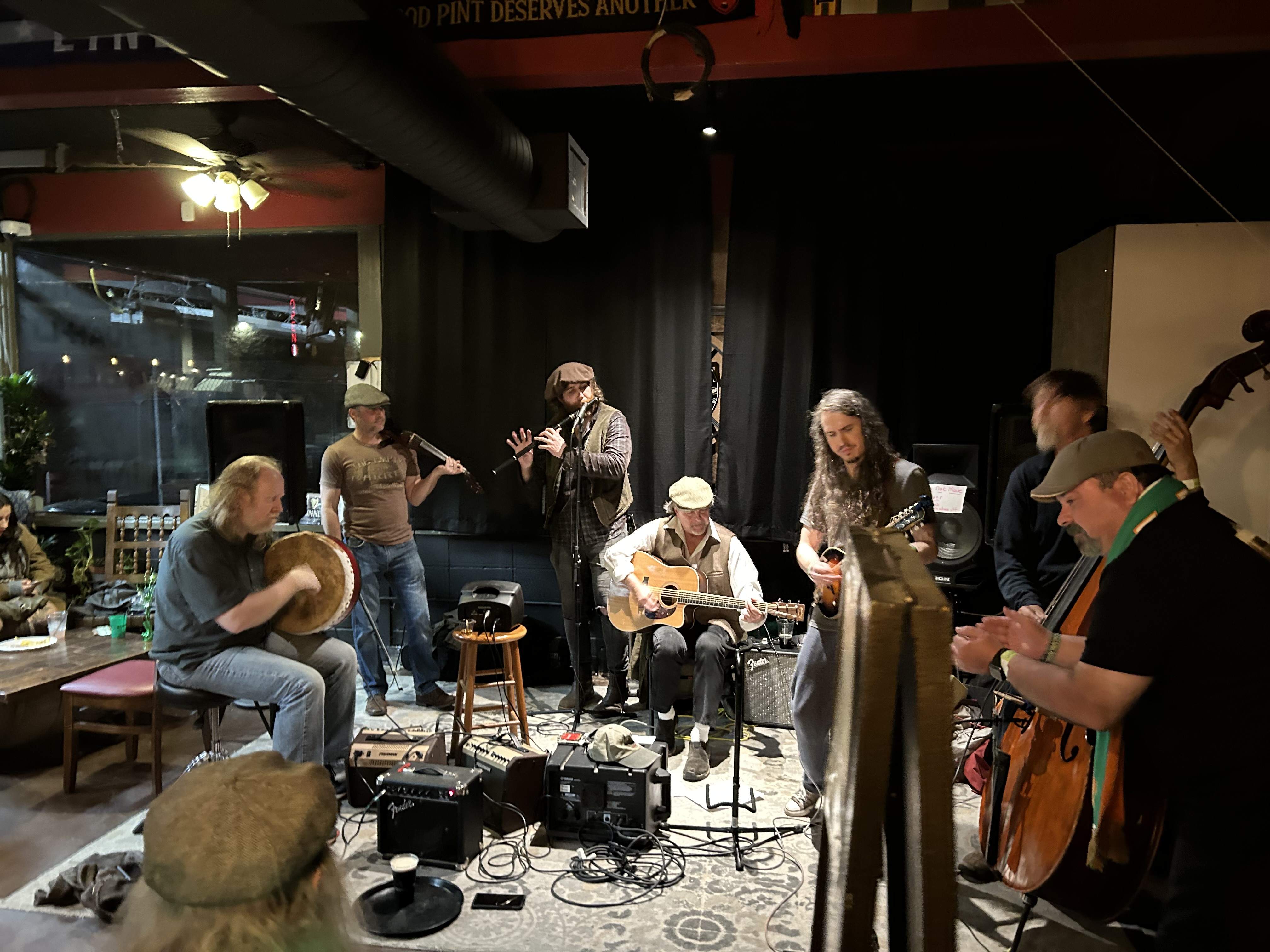a group of people standing in a room
