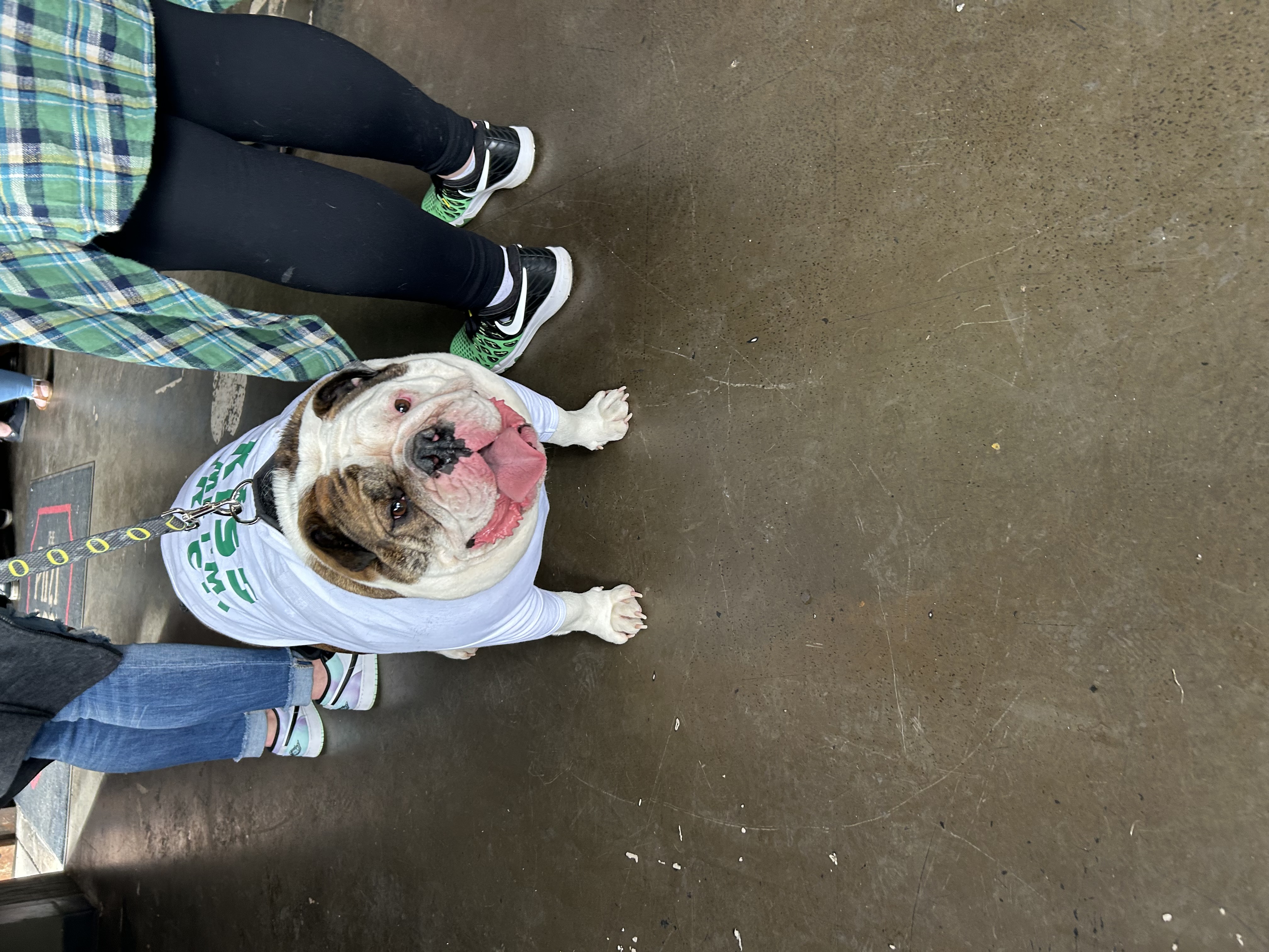 a woman standing next to a dog