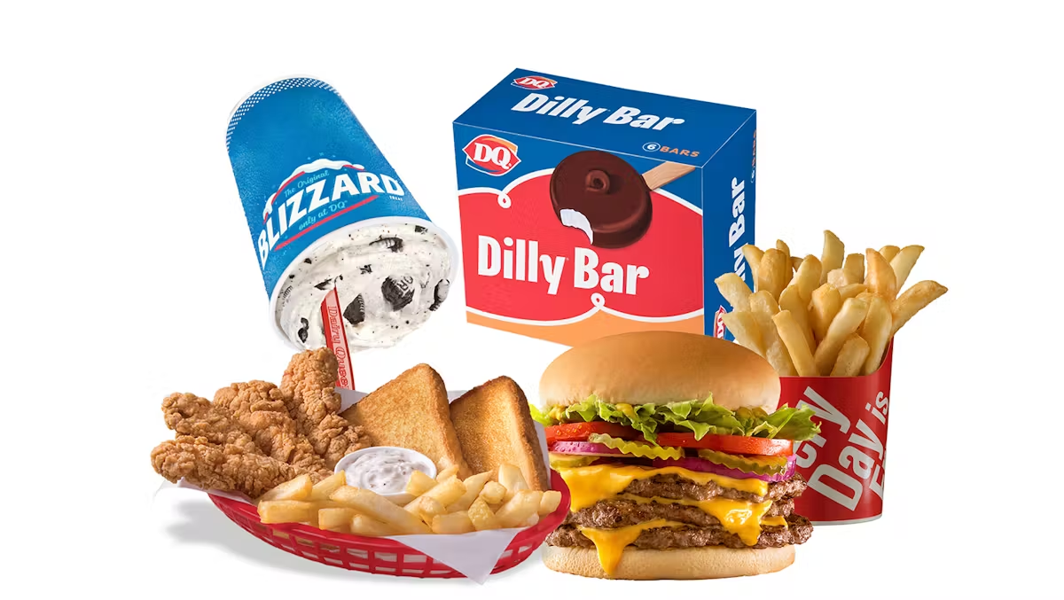 hamburgers with fries and chicken fingers