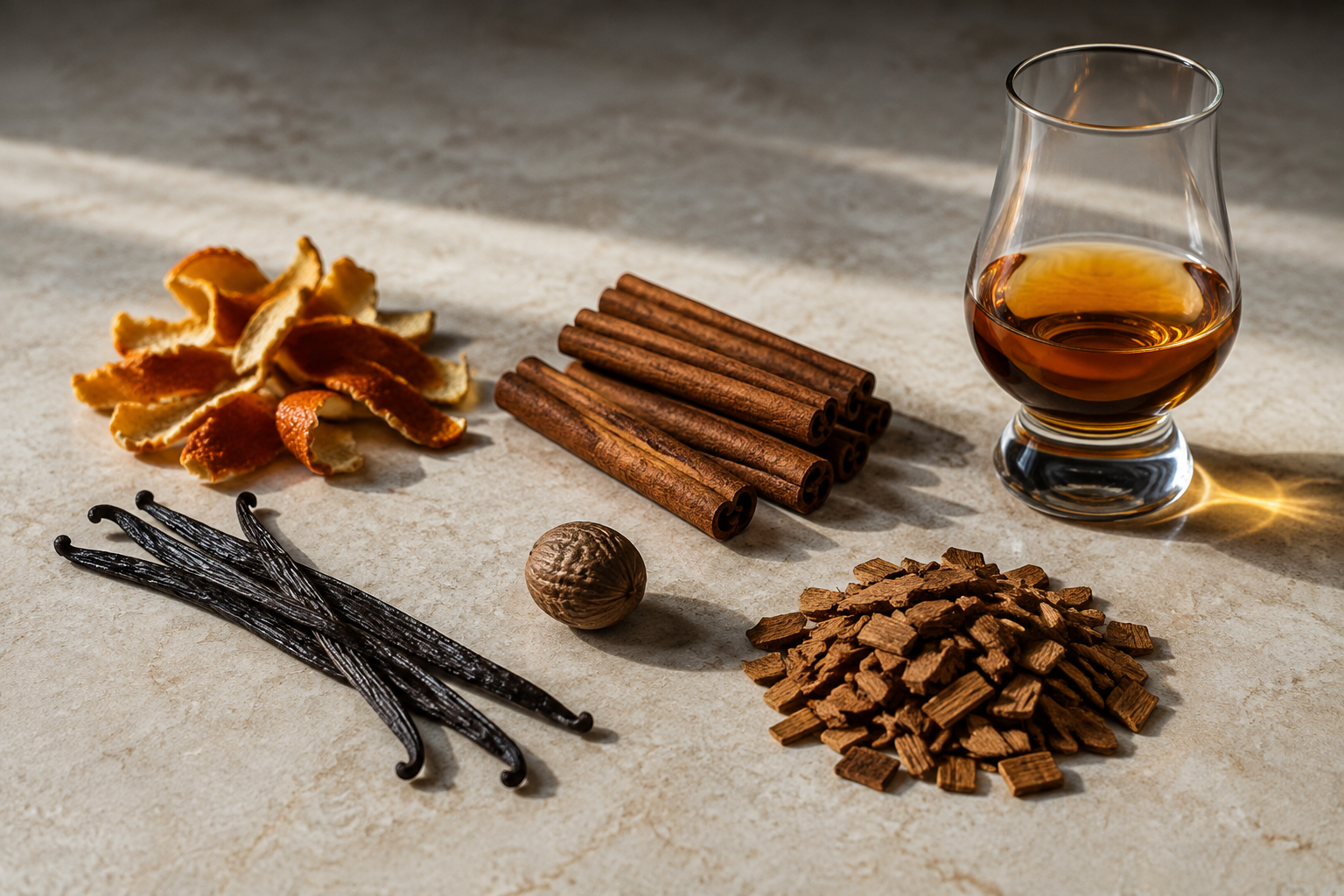 Orange peel, cinnamon, vanilla, nutmeg and oak beside an amber tasting pour