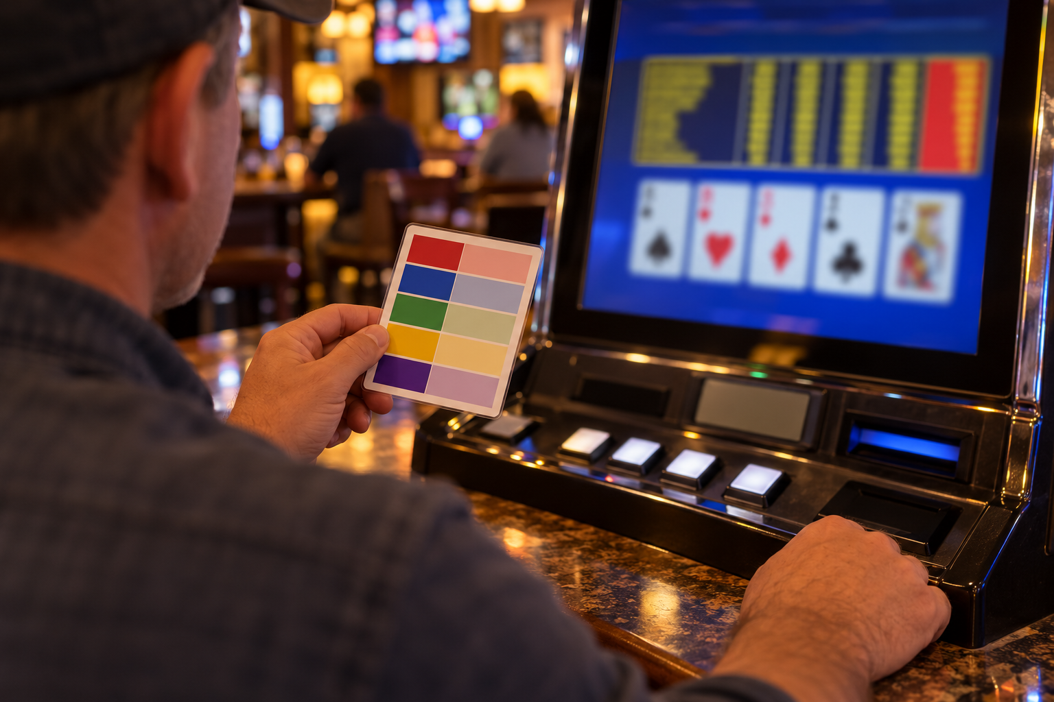 Adult reviewing a strategy card by a video-poker console
