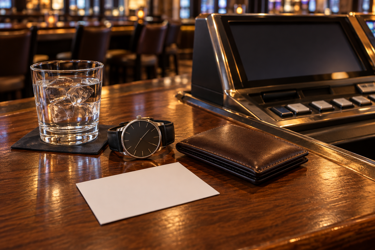 Watch, water and wallet beside a video-poker console