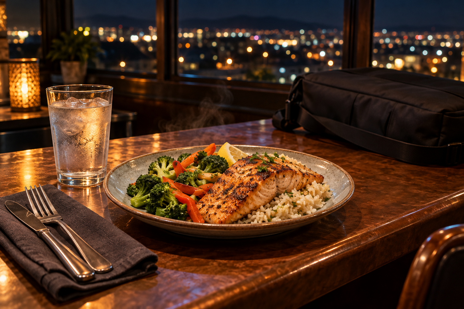 Late-night meal with a work bag and city lights