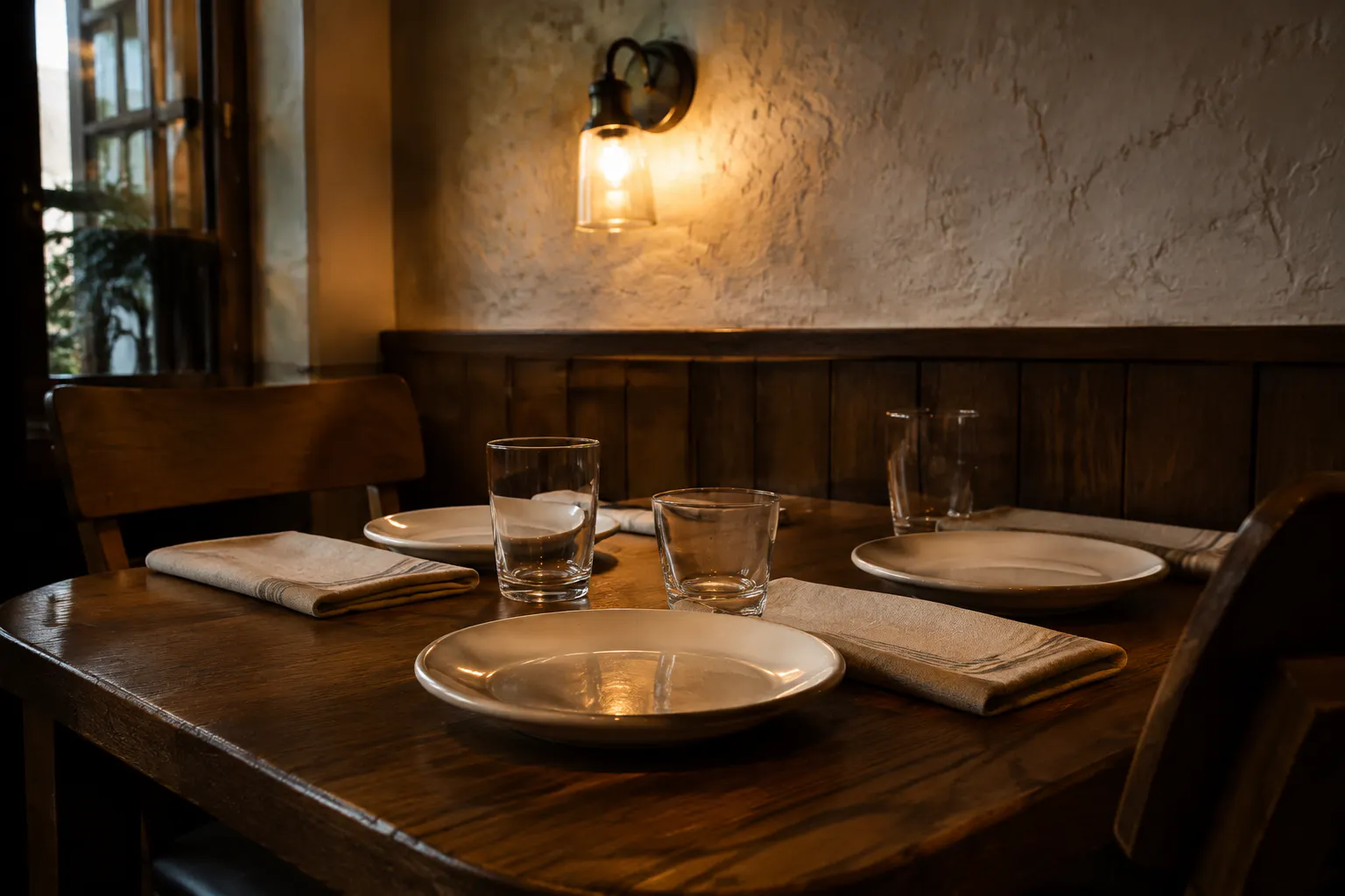 Generic neighborhood restaurant table with plates and water glasses