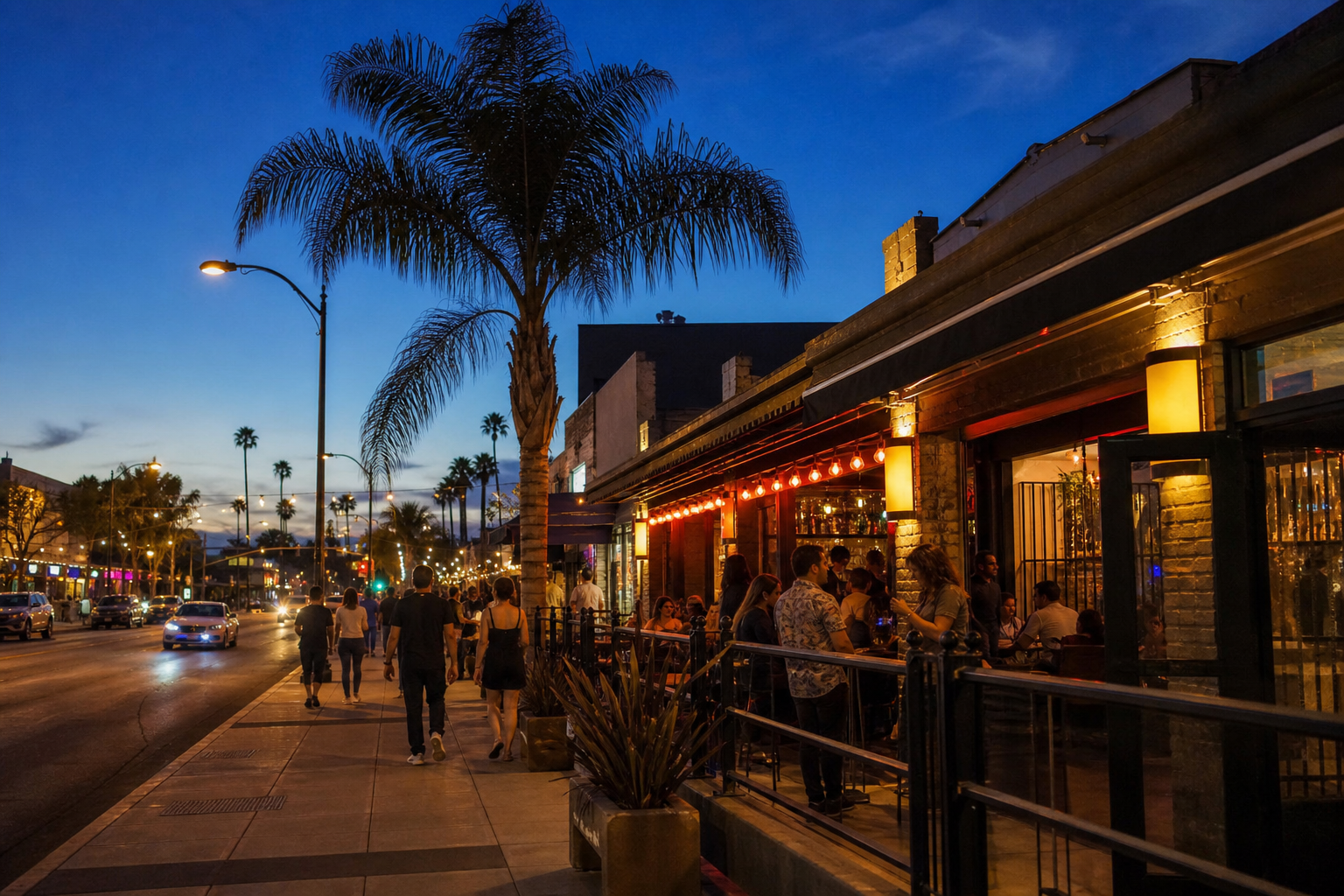 Generic Las Vegas neighborhood restaurants and nightlife at blue hour