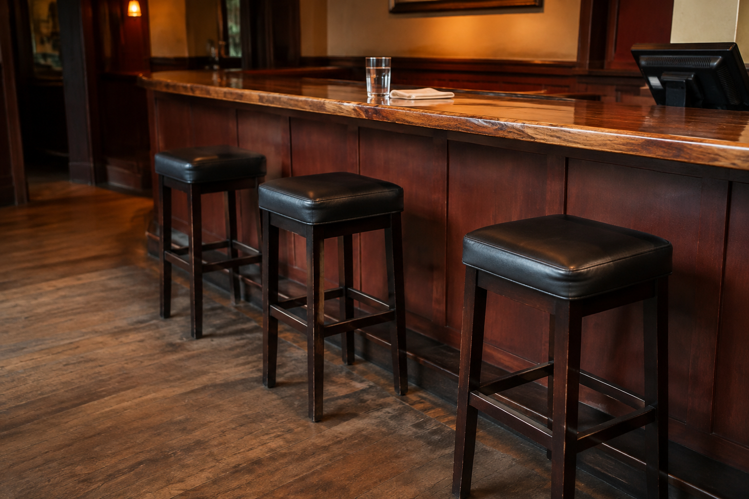 Spaced bar stools and a clear walkway in a generic neighborhood bar