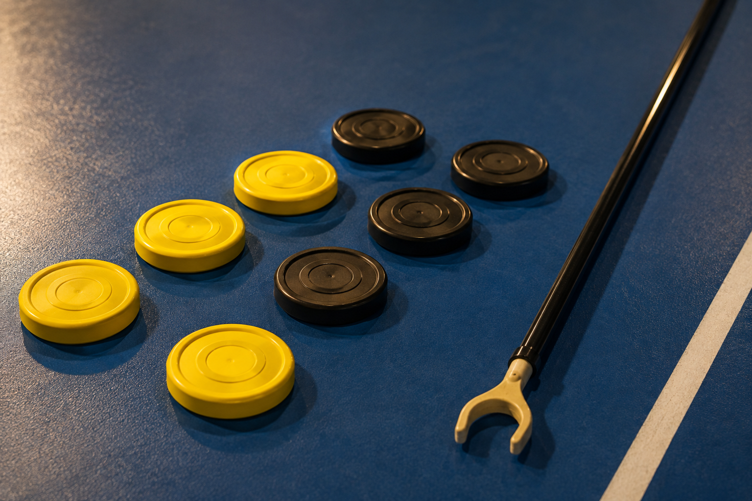 Yellow and black deck-shuffleboard discs and a cue on a blue floor