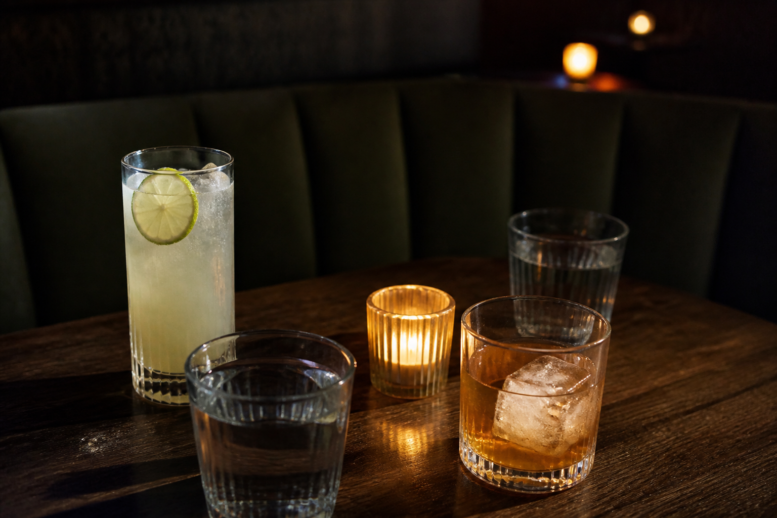 Two different drinks and water glasses at a generic candlelit date-night table