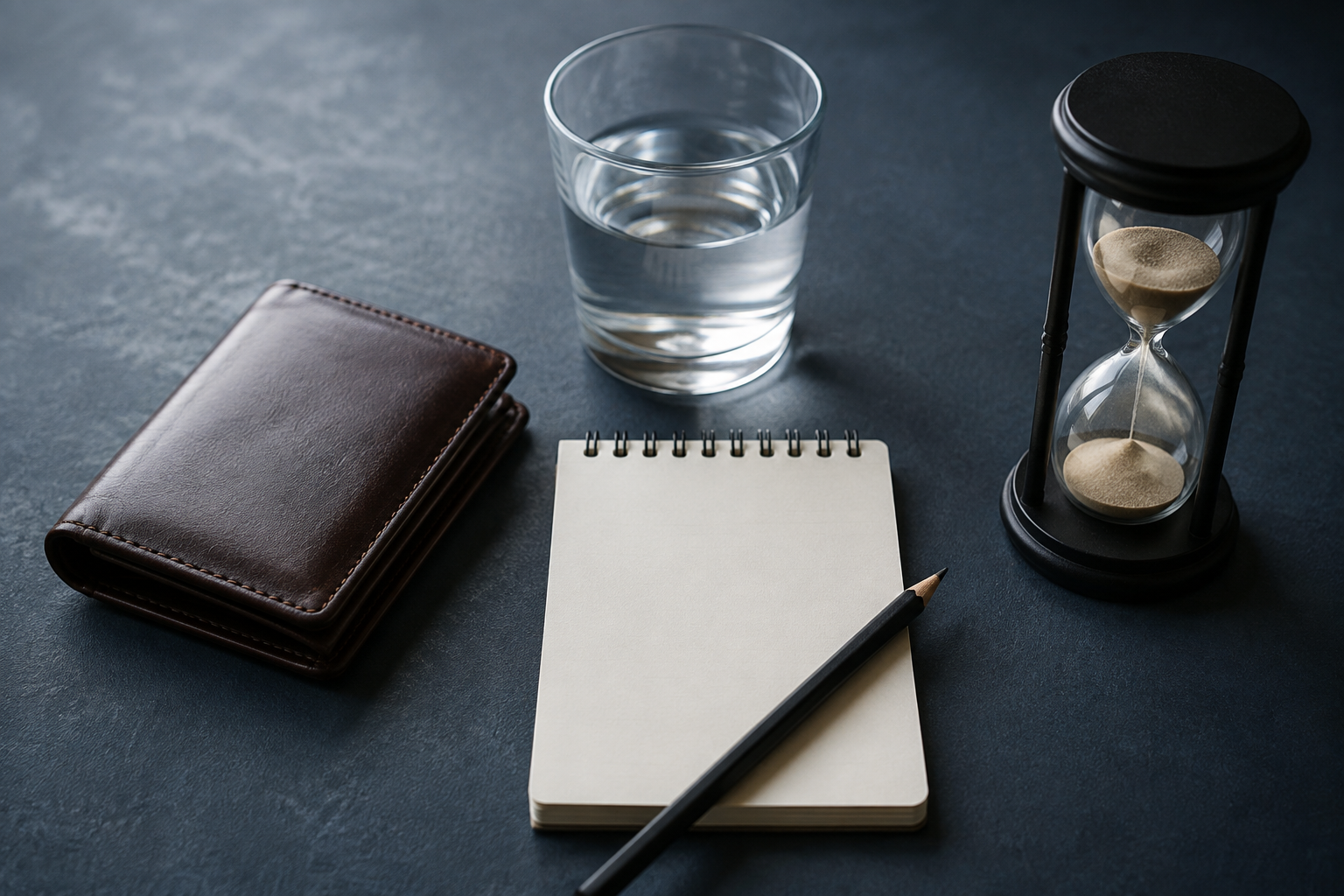 Wallet, blank notebook, water and hourglass for planning a gaming session