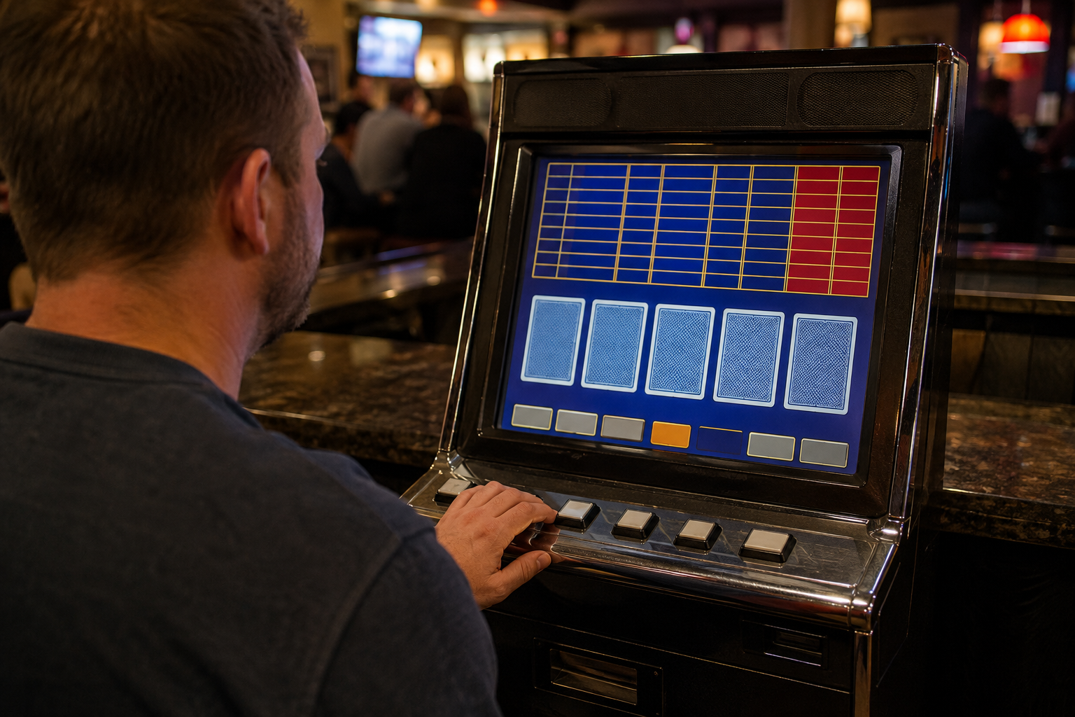 Generic adult reviewing a brand-neutral video poker pay-table display