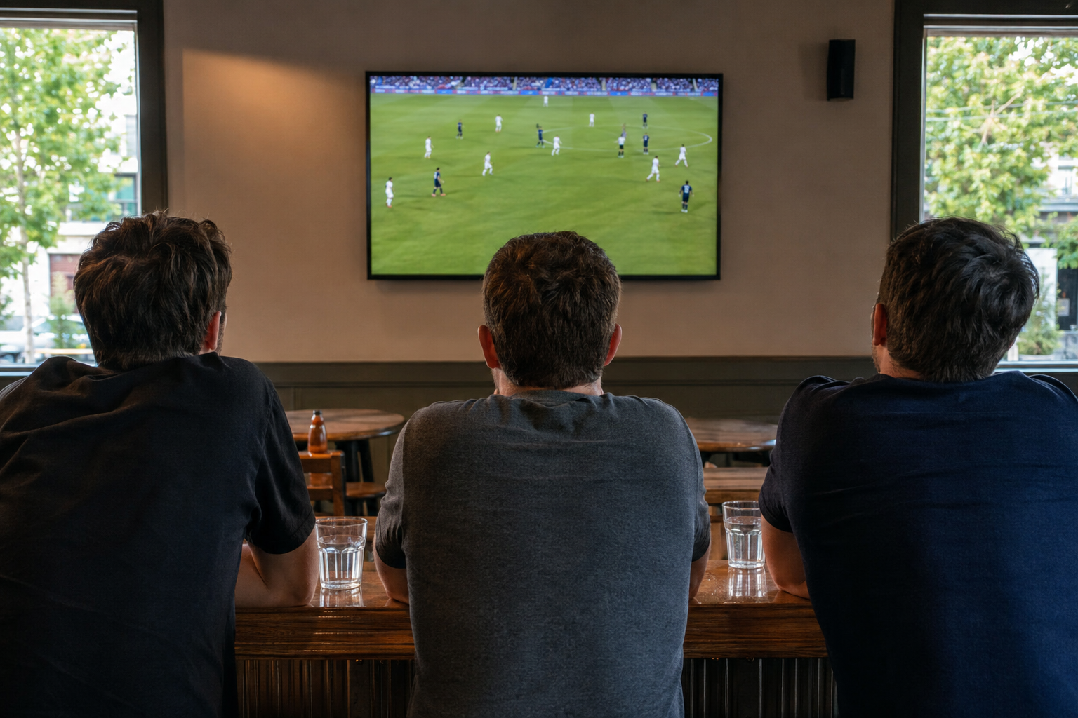 Three adult friends watching a soccer game in a generic neighborhood bar