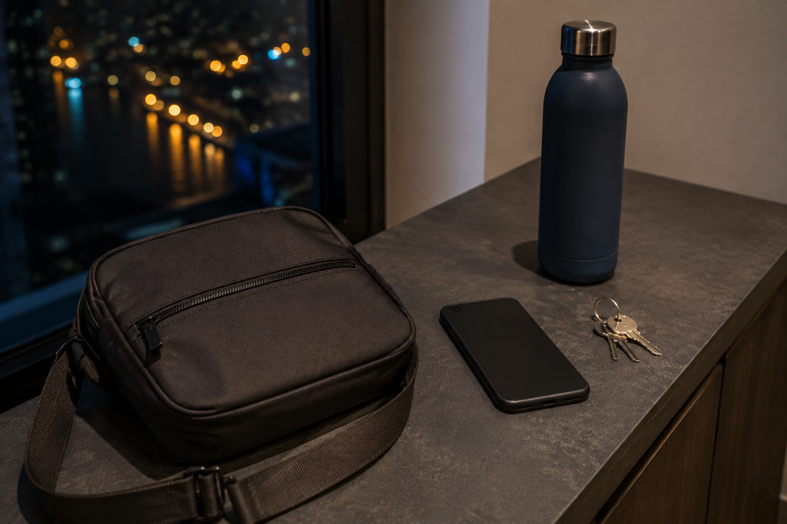 Bag, phone, keys and water bottle arranged for a night out