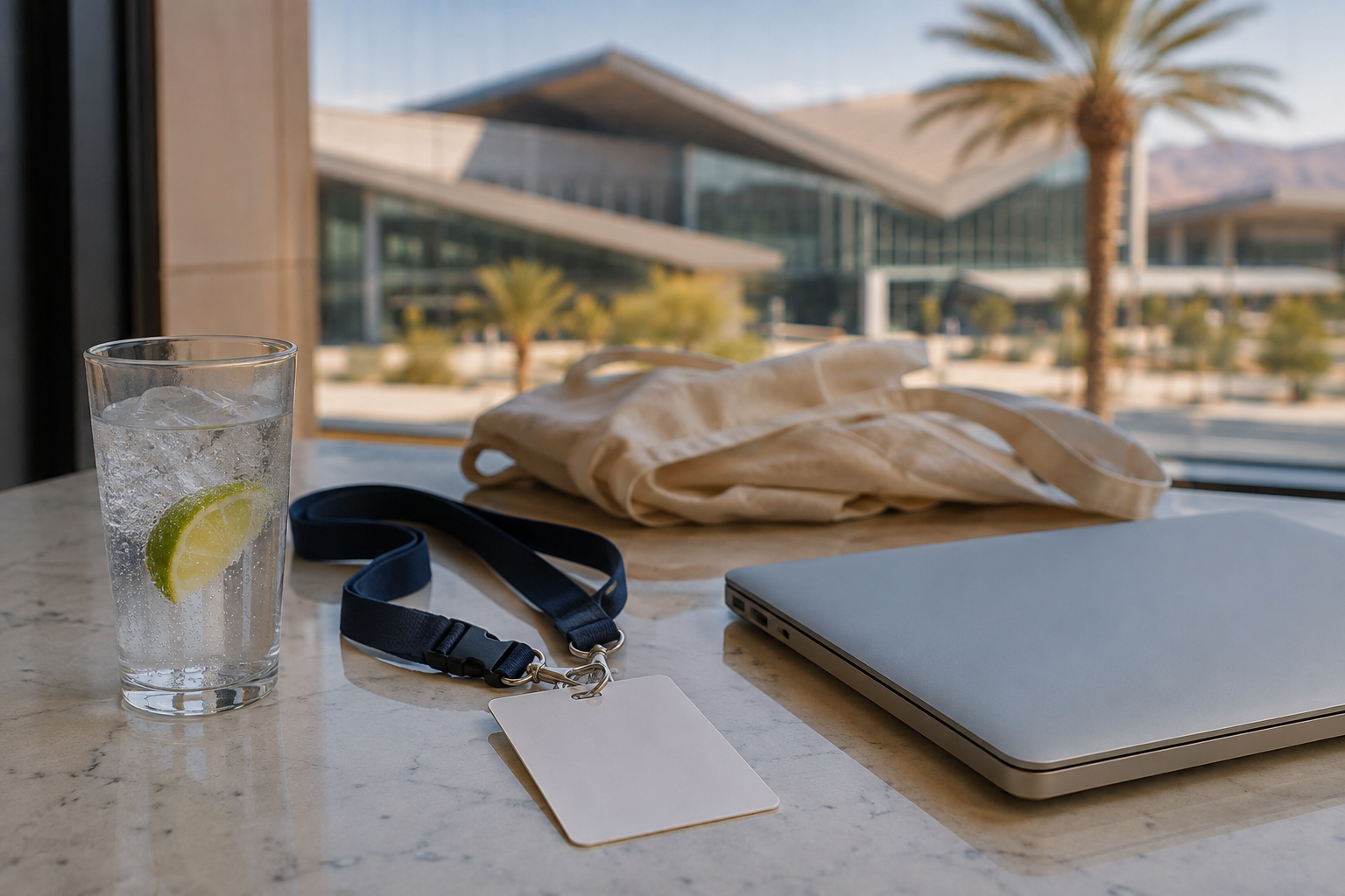 Unprinted conference badge, laptop and water beside a cafe window