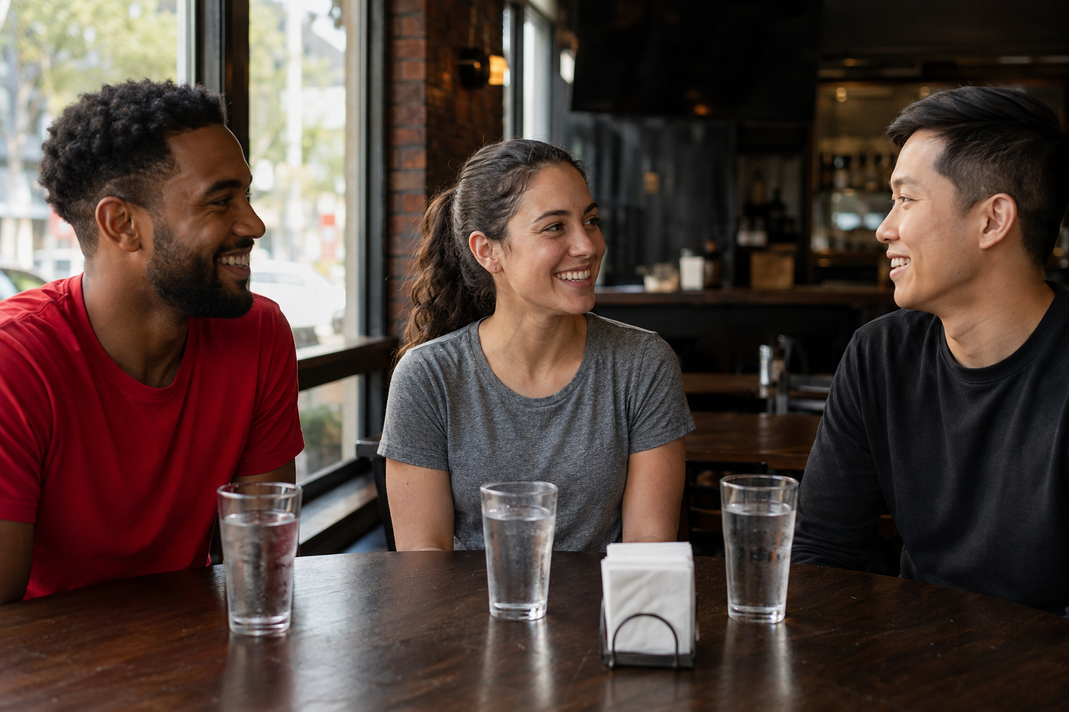 Three adults in plain red, gray and black clothing enjoying a generic game-day meetup