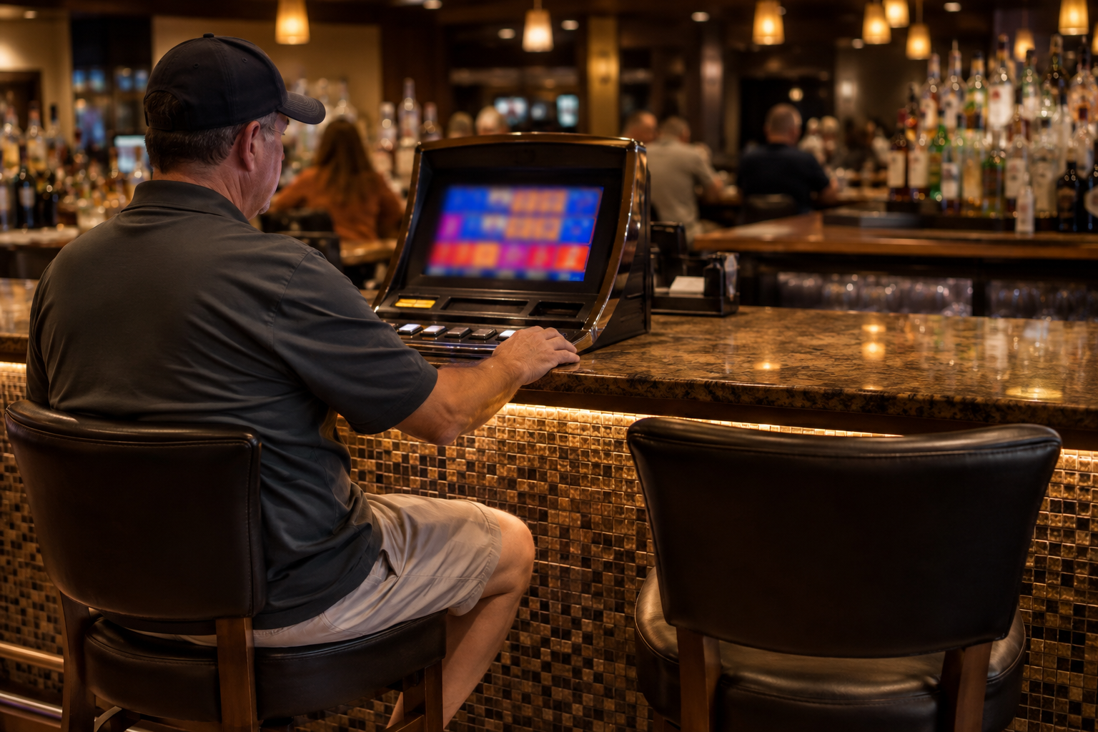 Adult seated respectfully at a generic bar-top video poker machine