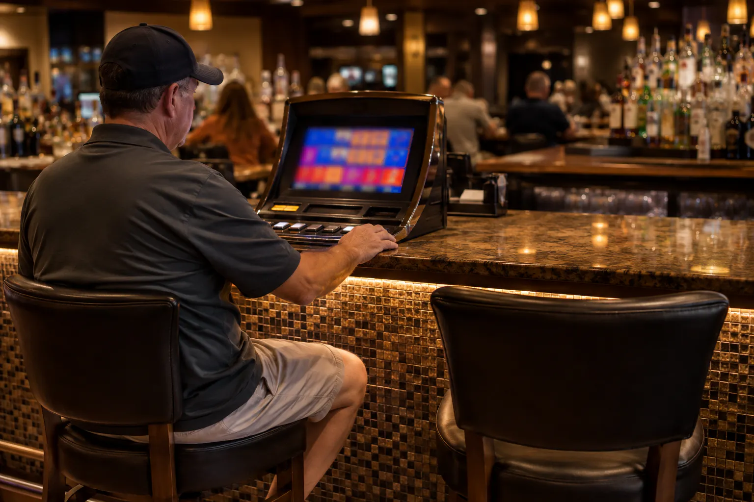Adult seated respectfully at a generic bar-top video poker machine