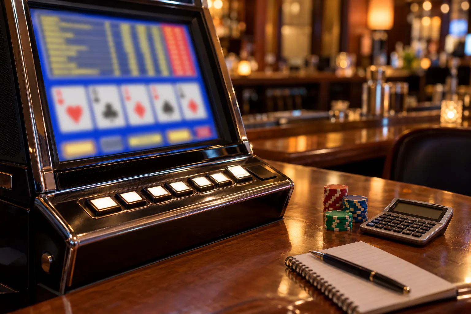 Video-poker console, chips and calculator on a bar