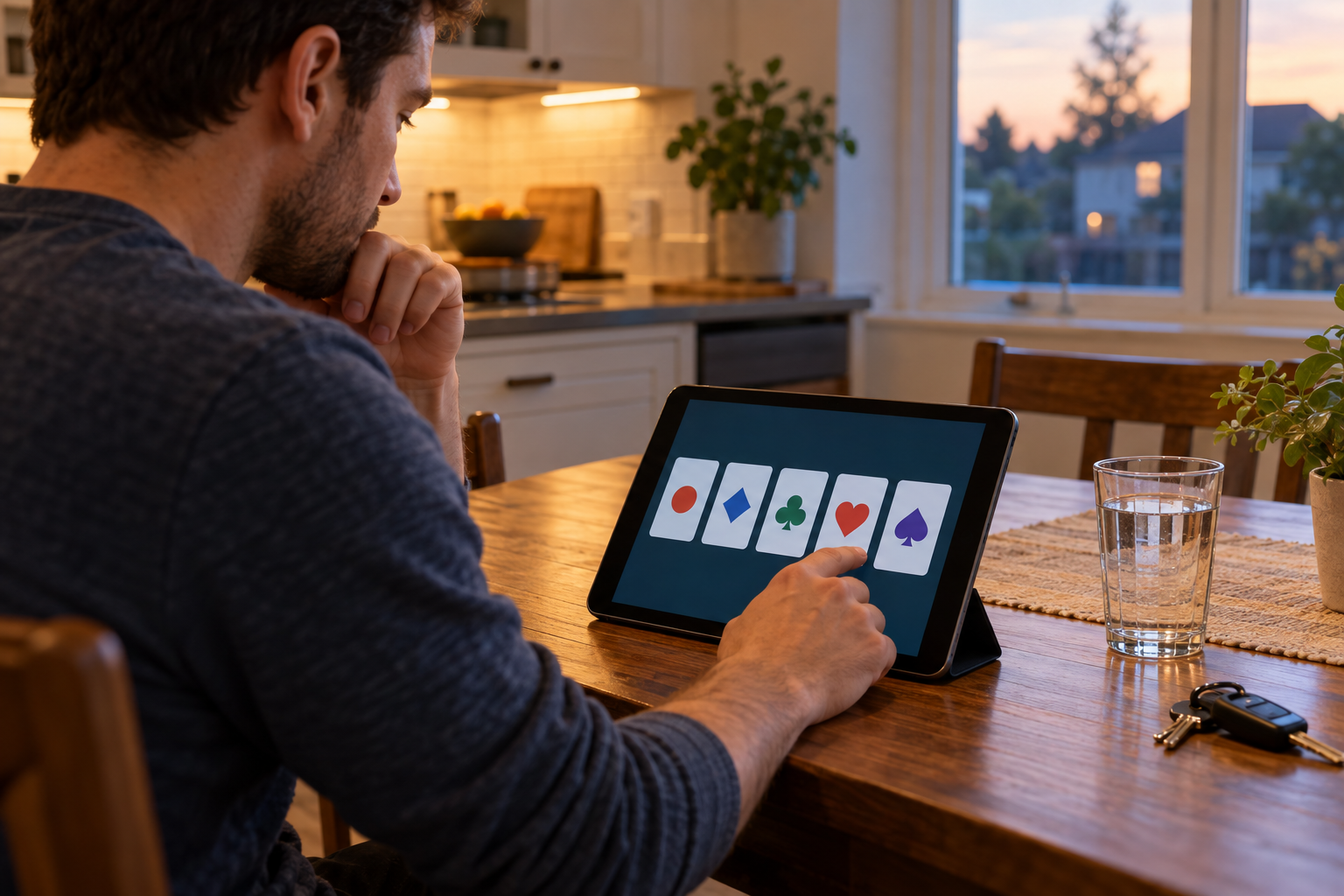 Adult practicing a generic card game on a tablet