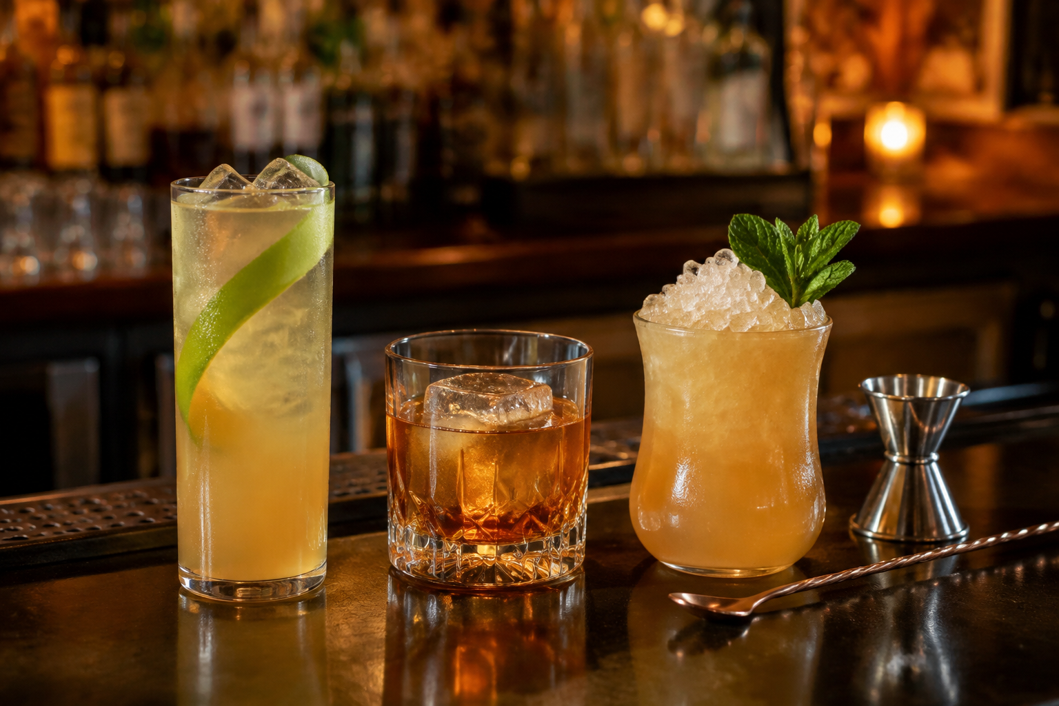Three generic rum-cocktail formats with neutral bar tools