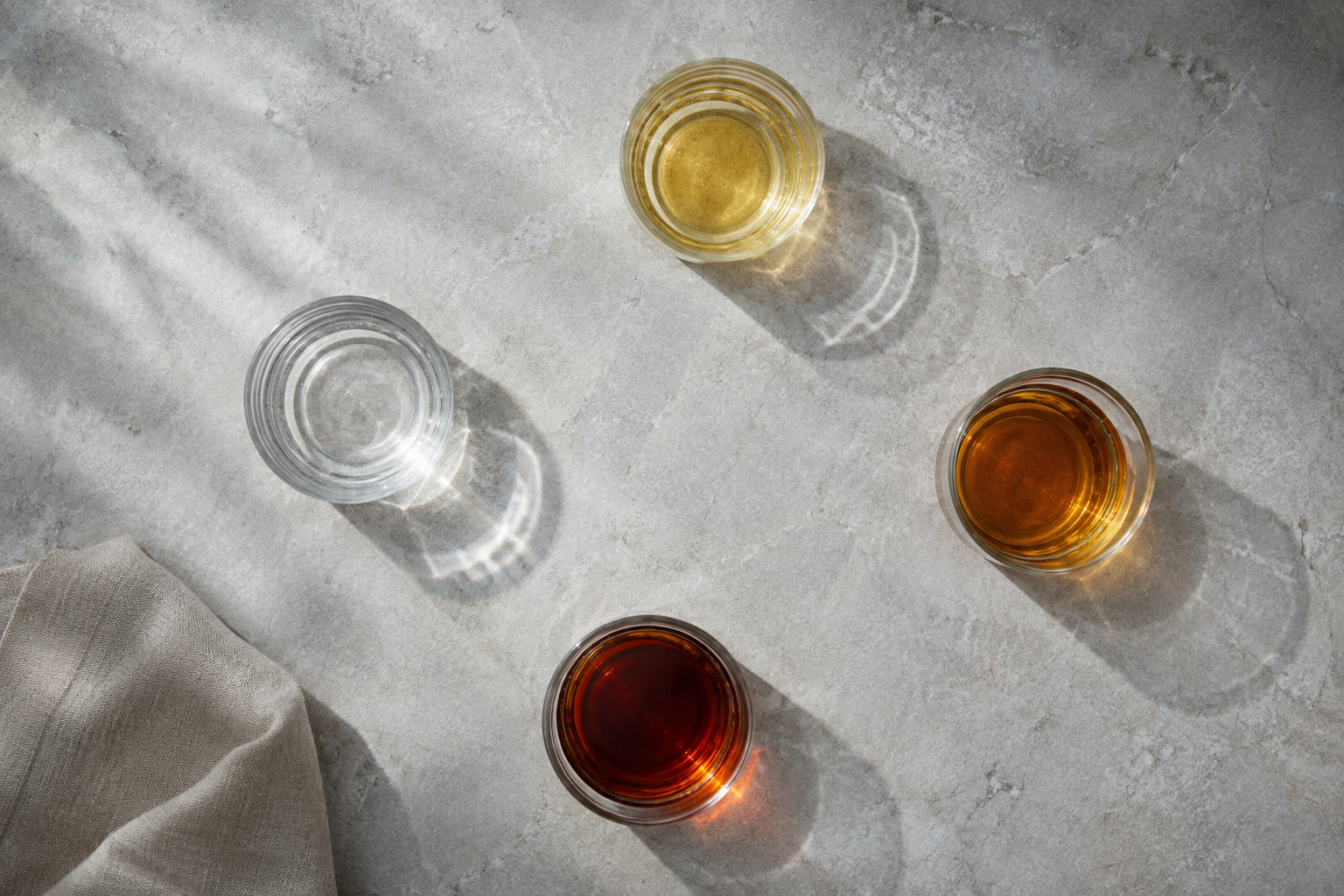 Overhead view of four tumblers with clear, gold, amber and dark rum pours