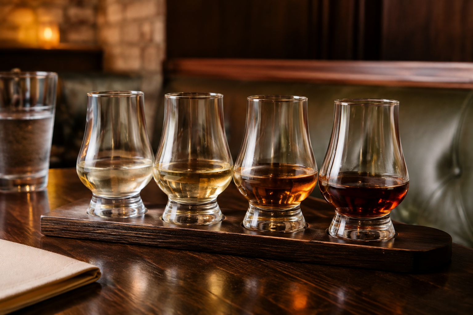 Four unlabeled rum tasting pours arranged from pale to dark