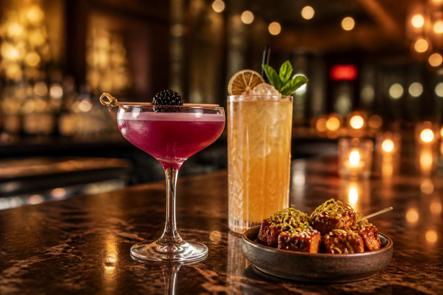 Generic craft cocktails and a shareable appetizer on a neighborhood bar counter