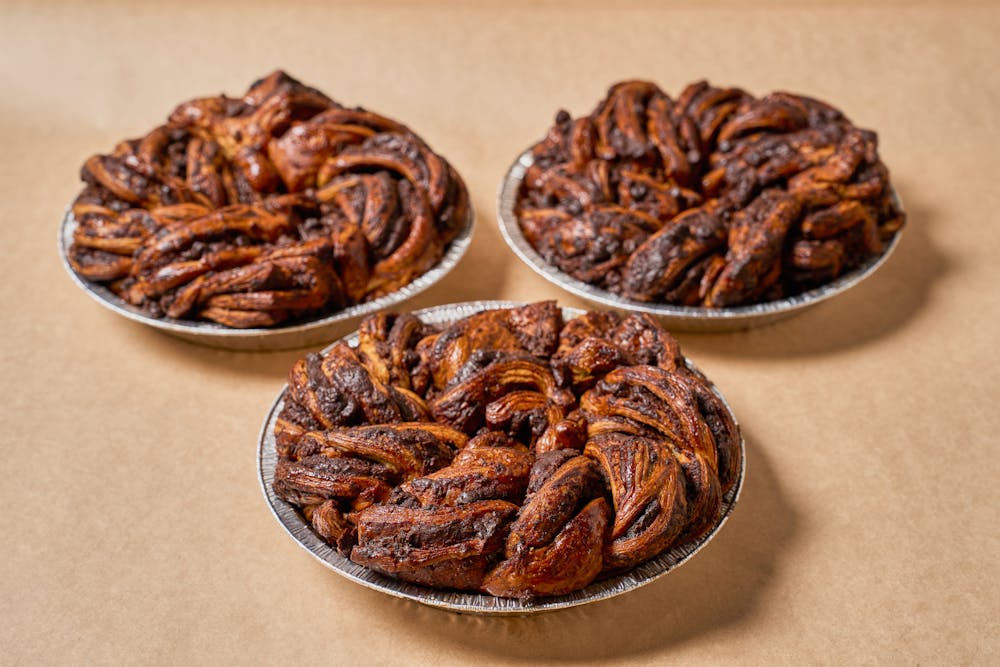 Chocolate Babka Pie in an aluminum pie pan