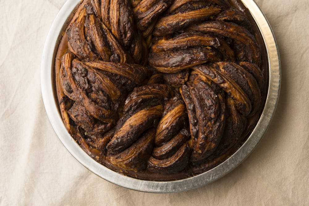 Chocolate Babka Pie in an aluminum pie pan