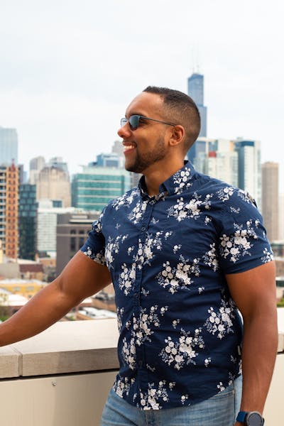 a man in a blue shirt