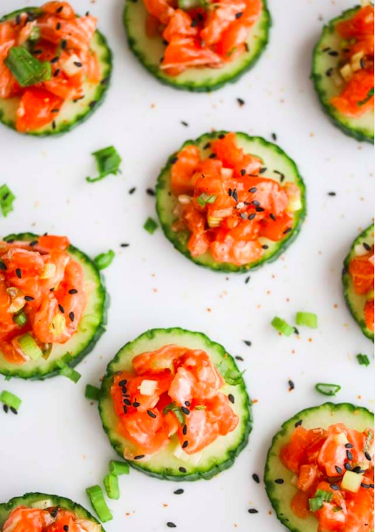 a close up of many different types of food